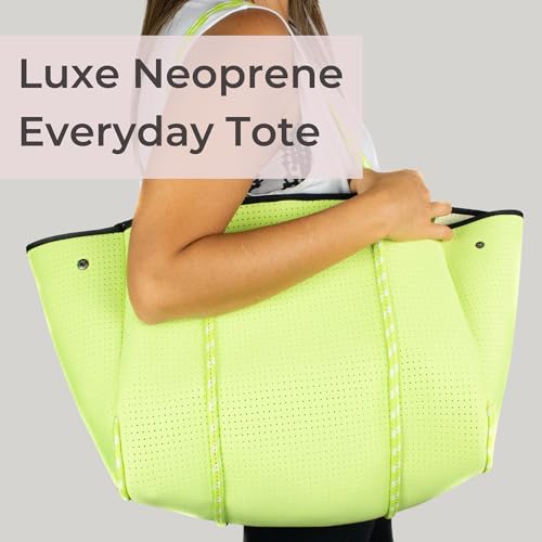 POPUPS Large Neoprene Tote Bag for Women - Everyday Designer Handbag for Travel Work and Beach with Pockets and Zipper Pouch - color: 1neon Green
