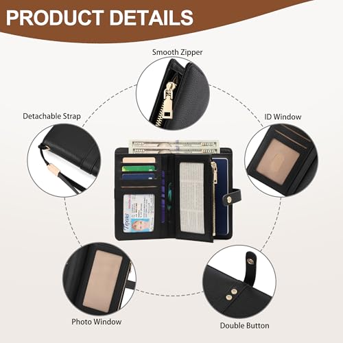 Small Wallet Women RFID Blocking Vegan Leather Slim Thin Bifold Credit Card Wallet Passport Holder Ladies Travel Wallet Mini Purse with Zipper Pocket - color: Black