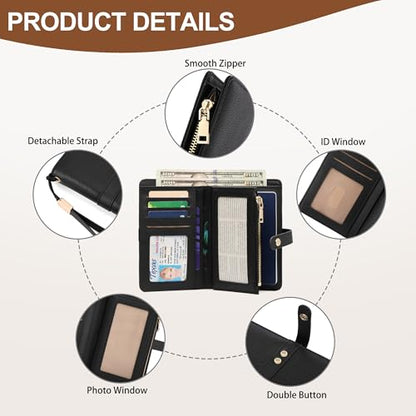 Small Wallet Women RFID Blocking Vegan Leather Slim Thin Bifold Credit Card Wallet Passport Holder Ladies Travel Wallet Mini Purse with Zipper Pocket - color: Black