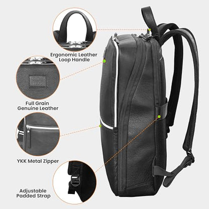 LEATHER VILLAGE Leather Laptop Backpack for Men with Trolley Strap 16L Slim | Water-Repellent, Slim Professional Business Bag Fits 2 Laptops up to 15.6", Tablets or Files, Work & Travel Daypack, Black - color: Black