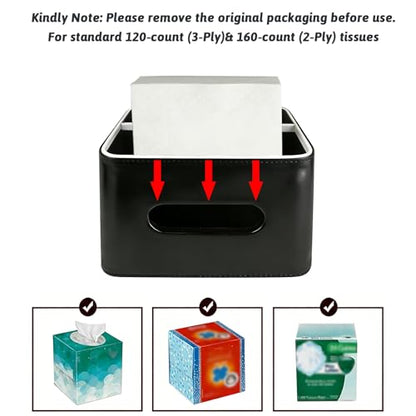 PU Leather Tissue Box Cover Square, Multifunctional Holder with Storage | Fits 120-Count (3-Ply) & 160-Count (2-Ply) Cube Tissues, Remote Control Organizer for Bedroom Desk Living Room (Black) - color: Black