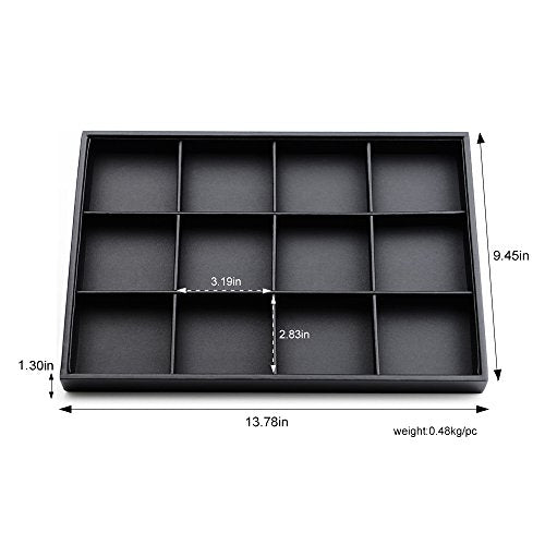 Black PU Leather 12-Grid Flat Jewelry Display & Organizer Tray | Black PU leather 12-grid divided jewelry tray, separate compartments for rings, necklaces, watches, retail & dresser display - style: 12 Grids