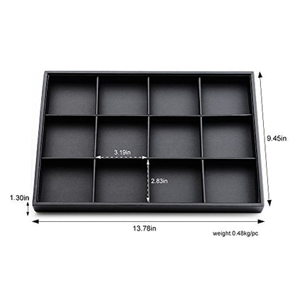Black PU Leather 12-Grid Flat Jewelry Display & Organizer Tray | Black PU leather 12-grid divided jewelry tray, separate compartments for rings, necklaces, watches, retail & dresser display - style: 12 Grids