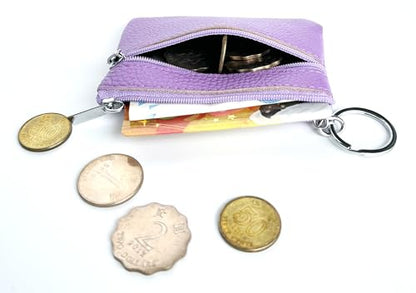 Women's Leather Small Coin Purse with Keychain, Mini Card Holder Case (Light Purple) - color: Light Purple