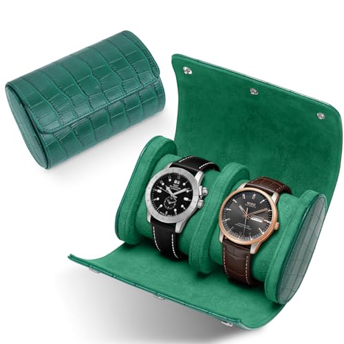 PU Leather Watch Roll Case Organizer-Secure Storage with Removable Pillows & Solid Dividers, Portable Men's Watch Display Case for Home, Travel, and Anniversary Birthday (Green-2 Slot) - size: Green-2 Slot