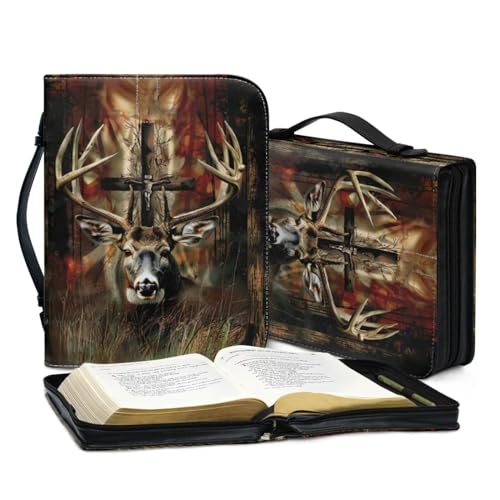Leather Bible Cover, Carrying Bible Book Bag Church Case,Bible Protective with Handle for Men Women,Gothic Style Deer and Cross,Large - color: Gothic Style Deer and Cross, size: Large