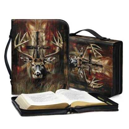 Leather Bible Cover, Carrying Bible Book Bag Church Case,Bible Protective with Handle for Men Women,Gothic Style Deer and Cross,Large - color: Gothic Style Deer and Cross, size: Large