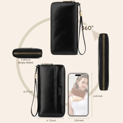 Real Leather Wristlet Wallet Women With RFID Blocking(ypblack) | Large capacity design,12 credit card slots,1 Inner zipper coin pocket,2 Full-length receipt slots,2 cash compartments - color: b1-Oiled leather black