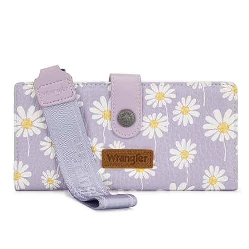 Montana West X Wrangler Wristlet Wallet for Women Daisy Floral Wallet Large Capacity Clutch Wallets with Smooth Zipper and ID Window - color: Daisy-Purple