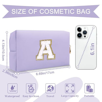 Personalized Makeup Bag Initial A-Z Preppy Patch Bag,Small PU Leather Travel Cosmetic Bag Pouch with Zipper,Purple Cute Toiletry Bag,Gift Ideal for Teen Girls Women Birthday Friend Mom,Latter A - color: Purple,White-Letter, size: A