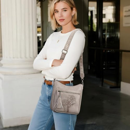 Medium Crossbody Bags for Women,Vegan Leather Hobo Purses Embossed | Women's Shoulder Handbags with Adjustable Boho Strap for Daily Travel Lightweight Cross body Purses with Multi Pockets - color: 05-gray