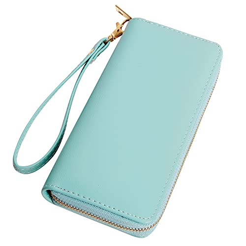 VOCUS Womens Wristlet Wallet Zip Around Clutch Wallet Large RFID Blocking PU Leather Bifold with Phone Holder for Travel - color: Solid Blue