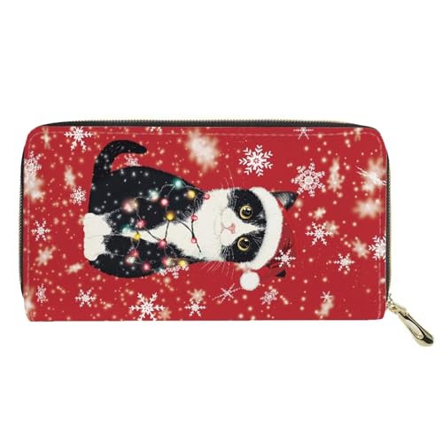 AFPANQZ Long Wallet for Women Slim Purse PU Leather Clutch Zip Around Cards Phone Holder - color: Christmas Cat