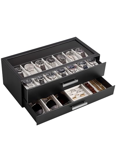 ProCase 14-Slot Watch Case for Men, 2-Tier Pull-Out Drawers Box -Black | Fathers Day Gift for Dad Men with Display Clear Top Lid, Jewelry Sunglasses Storage Organizer, Anniversary Birthday Gifts - color: Black, size: 14-Slot
