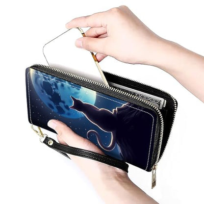 Women's Large Capacity Wallet PU Leather Zip Around Clutch Purse Multifunctional Wallet with Removable Wristlet Strap for Smart Phone/Coin/Card/Cash, Cartoon Cat Under The Moon - color: Cartoon Cat Under The Moon, size: One Zippers