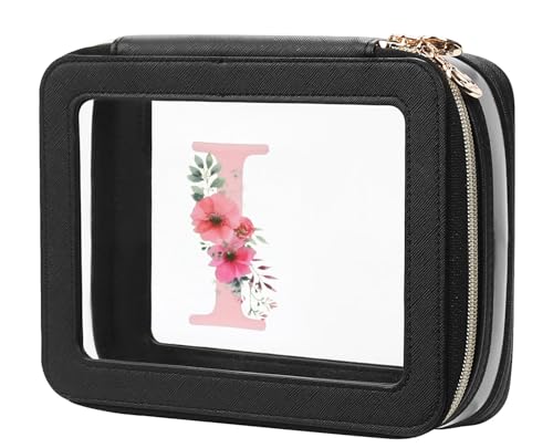 Relavel Personalized Initial Clear Makeup Bag, PU Leather Waterproof Travel Toiletry Bag with Zipper, Portable Skincare Pouch Car Organizer Bag, Idea Gifts for Women Girls, Black I - size: Medium, style: I