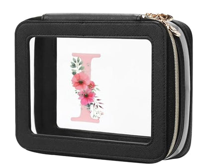 Relavel Personalized Initial Clear Makeup Bag, PU Leather Waterproof Travel Toiletry Bag with Zipper, Portable Skincare Pouch Car Organizer Bag, Idea Gifts for Women Girls, Black I - size: Medium, style: I