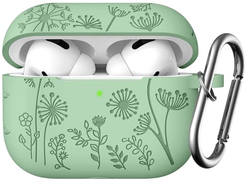 Lerobo for AirPods Pro 2 Case, Soft Silicone Cover with Keychain for Women | Engraved Flower, Scratch & Dust Resistant, LED Visible, Shockproof, Compatible with Apple AirPods Pro Case Cover, Grass Green - color: Grass Green