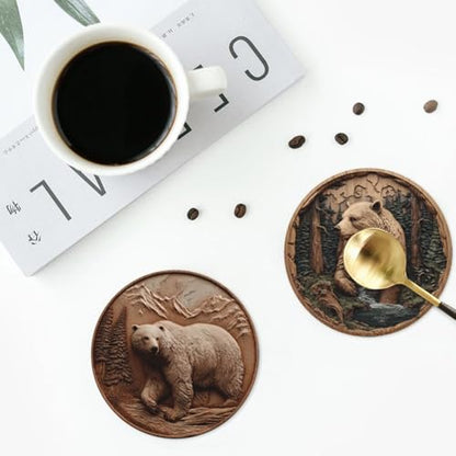 Bear Coasters for Drinks with Holder Round Leather Coasters Set of 6 Cups Mugs Mat Pad for Home Kitchen Bar - color: Bear