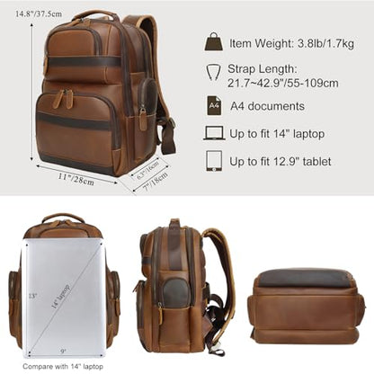 TIDING Men's Leather Backpack 14" & 15.6" Laptop Business Travel Daypack | Thick Sponge Padded Laptop & Tablet Sleeves, Water Bottle Holder, Luggage Strap, Anti-theft Pocket, Large Capacity - color: Brown(fits 14" Laptop)