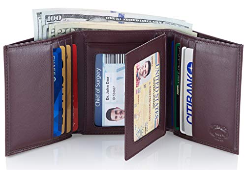 Stealth Mode Trifold Wallet for Men RFID Blocking – Genuine Napa Leather Extra Capacity Mens Wallet, 11 Card Slots, 3 ID Windows, Flip Out ID Holder, Large Tri Fold Leather Wallet for Men - Gift Ready | Top grain Napa leather, 3 ID windows, 11 card slots