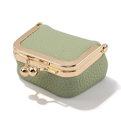 Genuine Leather Mini Jewelry Box with Kiss Lock, Portable Vintage-Inspired Travel Jewelry Case Coin Purse for Rings, Earrings, Pendants, Necklaces, Compact Ring Box for Girls Women(Green) - color: Green