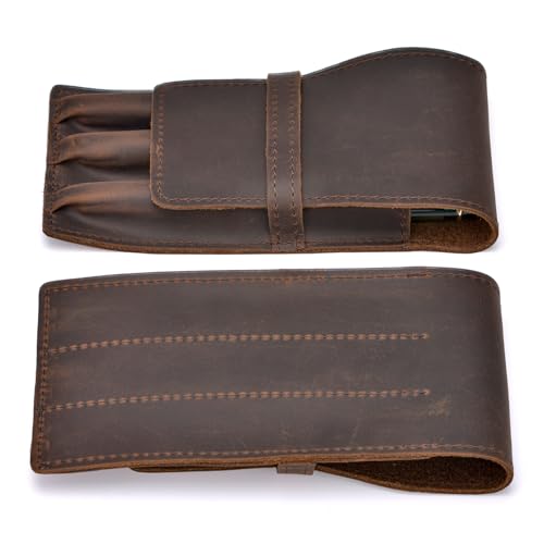 Lanxivi Crazy Horse Leather Fountain Pen Case 3 Divided Slots, Handmade Display Pen Holder, Luxury Pen Sleeve - color: Crazy Horse Retro