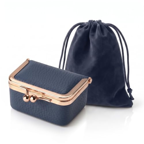 WGO&MJC Genuine Leather Mini Travel Jewelry Box Kiss Lock Closure (Blue) | Portable Travel Jewelry Case for Rings & Earrings | Coin Purse | Includes Velvet Pouch | Gift for Women | Fits in Purse - color: Blue