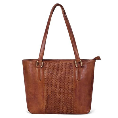 Genuine Leather Purse For Women - Tote Shoulder Handbag - Work & Casual Bag - color: Tan Medium Weaving