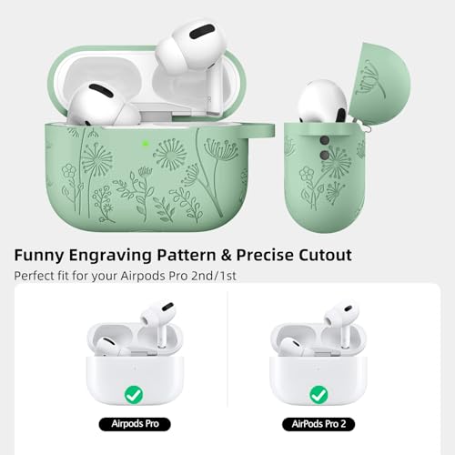 Lerobo for AirPods Pro 2 Case, Soft Silicone Cover with Keychain for Women | Engraved Flower, Scratch & Dust Resistant, LED Visible, Shockproof, Compatible with Apple AirPods Pro Case Cover, Grass Green - color: Grass Green