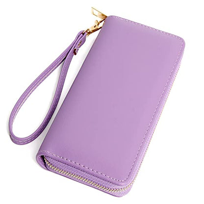 VOCUS Womens Wristlet Wallet Zip Around Clutch Wallet Large RFID Blocking PU Leather Bifold with Phone Holder for Travel - color: Solid Purple