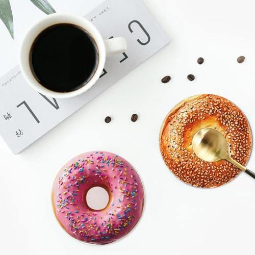 Donuts Coasters for Drinks with Holder Round Leather Coasters Set of 6 Cups Mugs Mat Pad for Home Kitchen Bar - color: Donuts