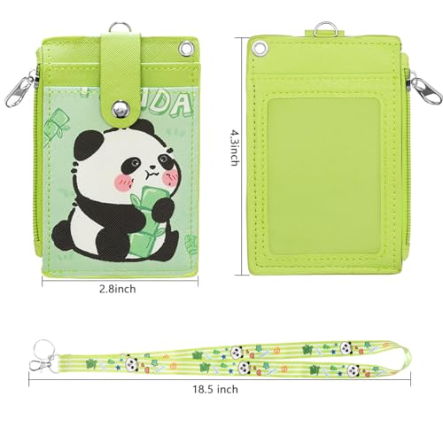 Cute ID Badge Holder with Detachable Lanyard, PU Leather Wallet & Key Ring | Adorable Panda ID Card Holder (Green), Zippered Pocket, 2-Sided 3 Card Slots, Suitable for Teachers, Students, Nurses & More - color: Panda-green