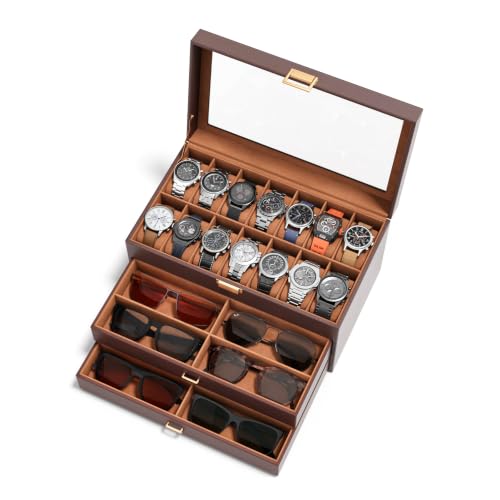 Watch Case Box for Men - 14 Slots 3-Layer Sunglass and Watch Organizer Glass Lid Display Holder Gift for Men Brown - size: 3 Layers, Brown
