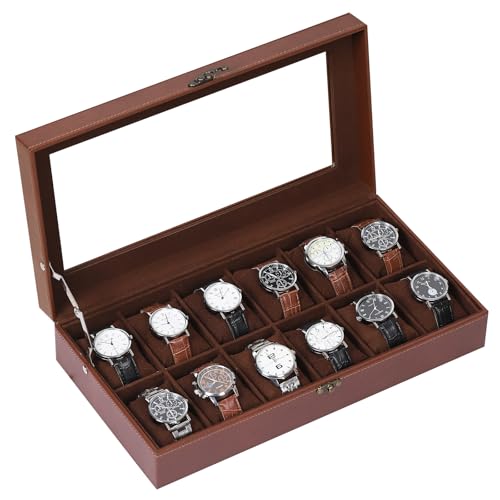 AUTOARK Leather & Velvet 12 Watch Box Glass Top Jewelry Display Lockable Case Organizer,Removable Watch Pillows,Coffee,MKAW103 - color: Coffee + Coffee, size: 12 Slot
