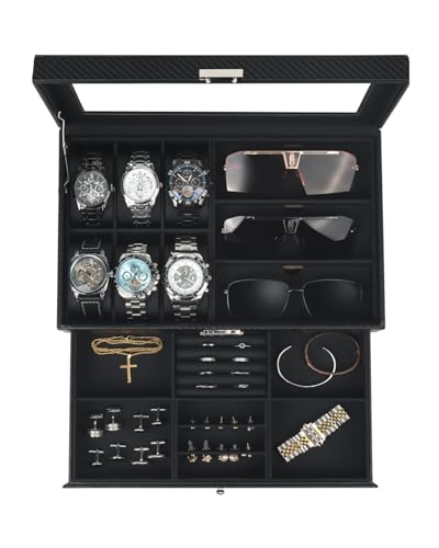 Kukikan Mens Jewelry Box Organizer, 6 Watch Slots & 3 Sunglasses -All Black | 2-Layer Lockable Watch Case for Men, Large Glass Lid, Mens Room Accessories Jewelry Case, Watch Display Holder with Drawer - color: All Black, size: 6-slot