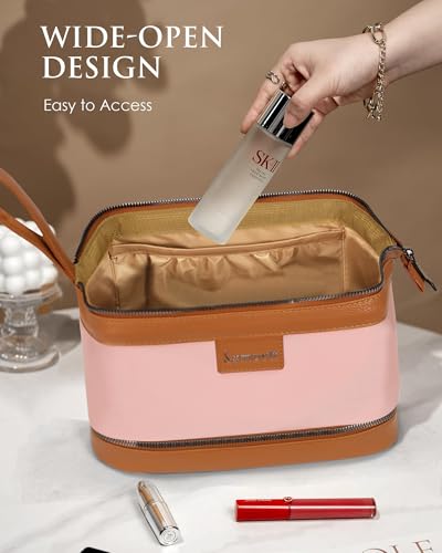 Travel Makeup Bag with Wet/Dry Compartments, Pink | Water Resistant Hybrid Leather Double-Layer Water-Resistant Toiletry Bag Cosmetic Organiser, 26x15x16cm - color: pink, size: double layer