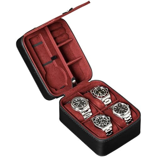 ROTHWELL 5 Watch Travel Case Storage Organizer for 5 Watches | Tough Portable Protection w/Zipper Fits All Wristwatches & Smart Watches Up to 50mm (Black/Red) - color: Black / Red