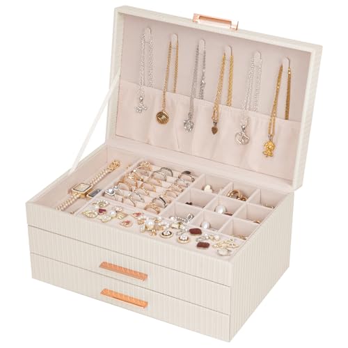 Jewelry Box Organizer, 3-Tier Jewelry Storage Organizer with 2 Drawers, Large Jewelry Boxes for Women, PU Leather Surface with Texture, Gift Idea, Modern Style (Beige) - color: Beige