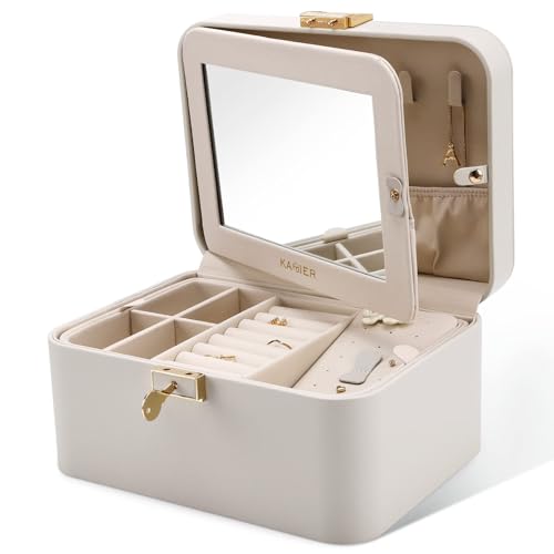 KAMIER Jewelry Box, 2 Layers PU Leather Jewelry Organizer Box, Large Capacity, Double Lock and Large Mirror, Hidden Necklace Hooks, Removable Dividers, Grey - color: Gray, size: mirror