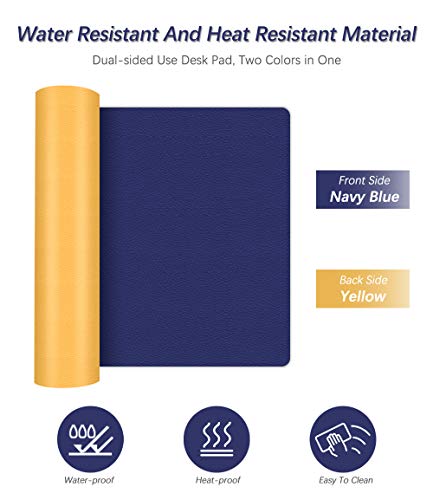 Office Desk Mats Pad Table Protector 16 X 32 Inch PU Leather Desk Blotters on Top of Desks Computer Laptop Keyboard Mouse Pad Organizer Double Side Desktop Cover Writing Mat for Girl Kids Blue/Yellow