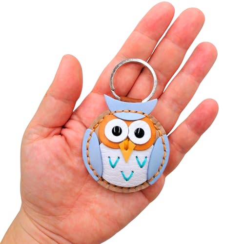 Genuine Leather Keychain, Animal Keyring, Bag Purse Charm Pendant Gifts Handmade, Cute Key Holder, Pets Lover Accessories - color: Owl Light Blue - Nude
