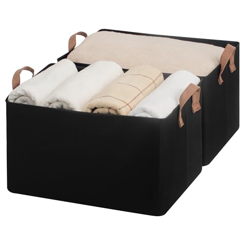 StorageWorks Fabric Storage Bins, Linen Closet Organizers, Black, 2-Pack | 45L, With Reinforced PU Handles, Metal Frame, Collapsible, Storage Basket for Shelves, Closet, Holds Clothes, Towels, Blanket - color: Black, size: 19" L x 13 ¼" W x 11" H