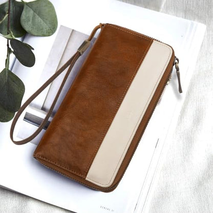Real Leather Wristlet Wallet Women With RFID Blocking(brownwhite) | Large capacity design,12 credit card slots,1 Inner zipper coin pocket,2 Full-length Receipt Slots,2 cash compartments - color: a7-darkbrown white