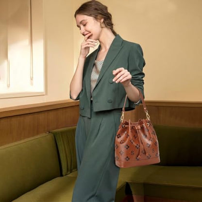 Travistar 2 Piece Bucket Bag for Women - Embossed Vegan Leather Crossbody Shoulder Handbags Satchel Purse Tote Set 2 Straps - color: Brown