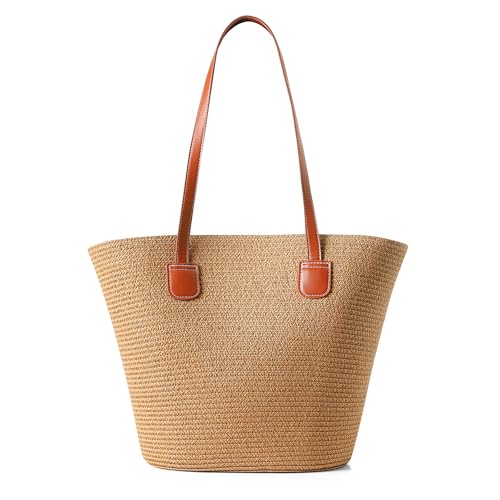 Straw Bags For Women | Travel Straw Totes Bag, Summer Woven Shoulder Bag Handbag - color: Straw
