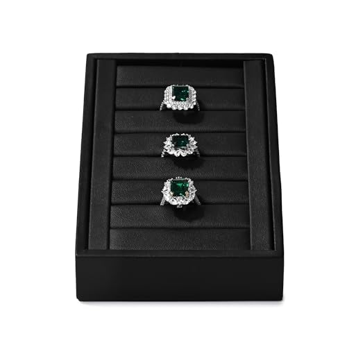 Black PU Leather Slotted Ring Jewelry Display Stand Organizer | Easy-clean scratch-proof PU leather slotted stand, orderly ring earring storage for home dresser & trade show holiday gifts