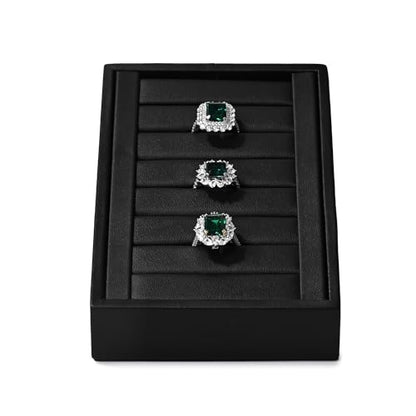 Black PU Leather Slotted Ring Jewelry Display Stand Organizer | Easy-clean scratch-proof PU leather slotted stand, orderly ring earring storage for home dresser & trade show holiday gifts