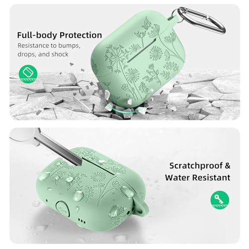 Lerobo for AirPods Pro 2 Case, Soft Silicone Cover with Keychain for Women | Engraved Flower, Scratch & Dust Resistant, LED Visible, Shockproof, Compatible with Apple AirPods Pro Case Cover, Grass Green - color: Grass Green