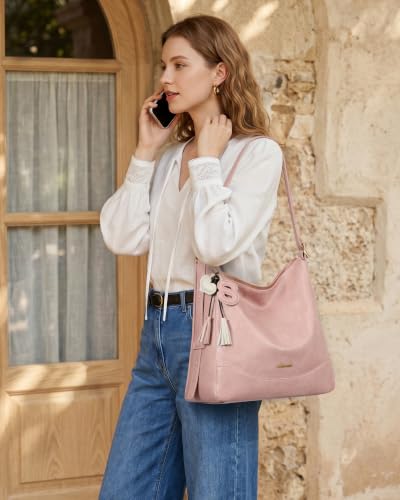 LOVEVOOK Hobo Bags for Women with Initial Charm, Soft Women's Crossbody Handbags Slouchy Shoulder Bag with Large Cup Holder - color: Pink, size: Medium